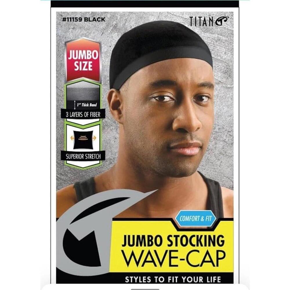 Titan Jumbo Stocking Wave Cap 1 Inch Band Black Superior Stretch